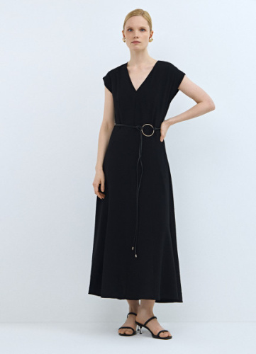 Платье миди с акцентным поясом, Черный