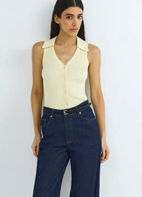 Трикотажный жилет в рубчик с воротником, Желтый