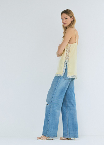 Широкие джинсы с разрезами на коленях, Голубой