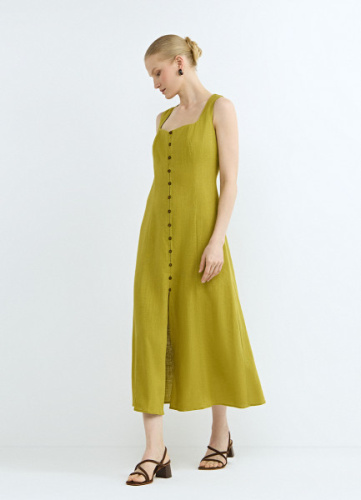 Платье из смесового льна с вырезом каре, Желтый