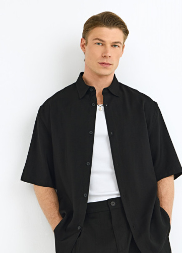 Рубашка из вискозы с коротким рукавом, Черный