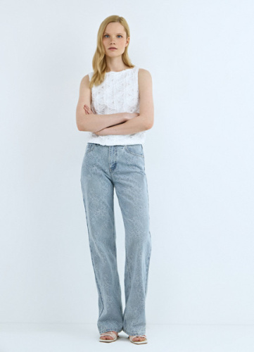 Широкие джинсы на высокой посадке в цветочный жаккард, Голубой