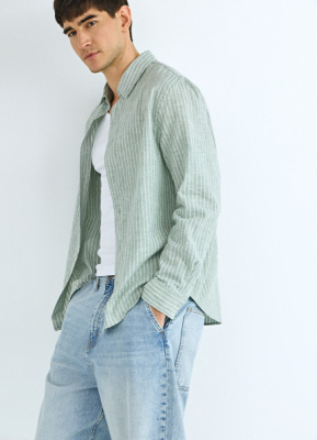 Рубашка в полоску из смесового льна, Зеленый