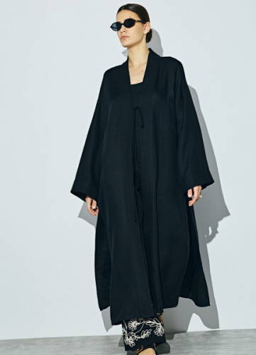 Кимоно на завязках из вискозы и льна, Черный