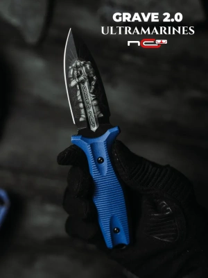 Тактический нож N.C. Custom Grave 2.0 Ultramarines blackwash, сталь AUS-10, рукоять Blue Elastron