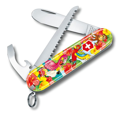 Складной нож детский My First Victorinox Parrot Edition 9 функций, шнурок на шею, книга-раскраска