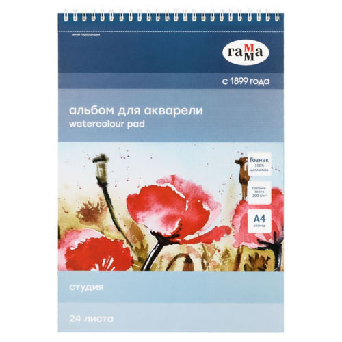 Альбом для акварели на спирали Гамма "Студия" А4 24 л 200 г, среднее зерно, перфорация на отрыв