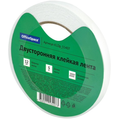 Клейкая лента двусторонняя OfficeSpace, 12 мм*5 м, на вспененной основе, 1 мм
