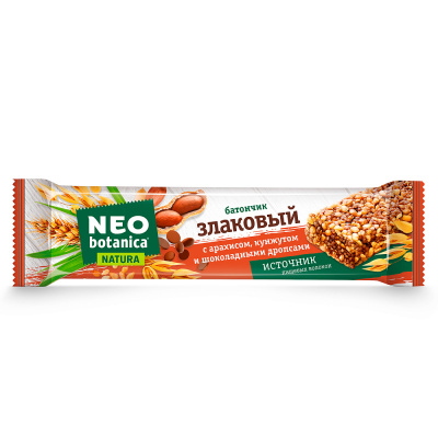 Батончик злаковый Neo-Botanica, с арахисом, кунжутом и шоколадными кусочками, 29 гр