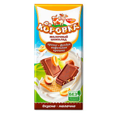 Шоколад Коровка, с арахисом, фундуком и вафельной крошкой, Рот Фронт, 75 гр.