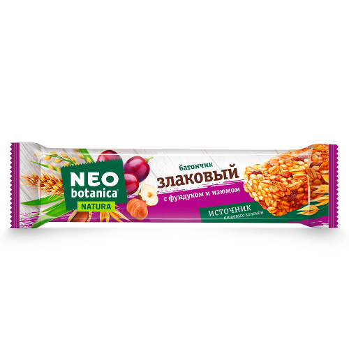 Батончик злаковый Neo-Botanica, с фундуком и изюмом, 29 гр