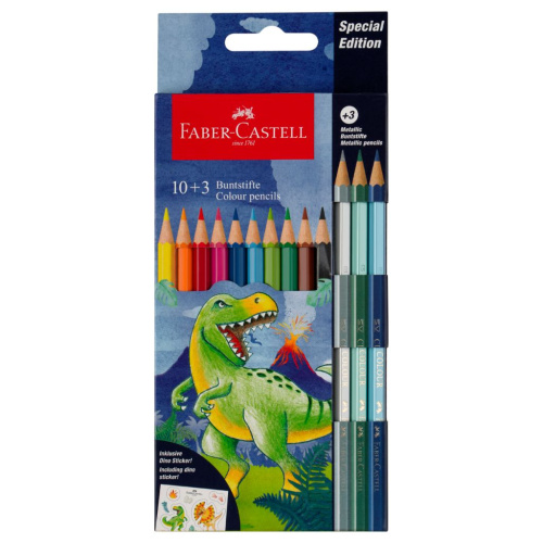 Набор карандашей цветные Faber-Castell "Dinosaur", 10 цв. + 3 цв. металл. + наклейки, заточен., карт