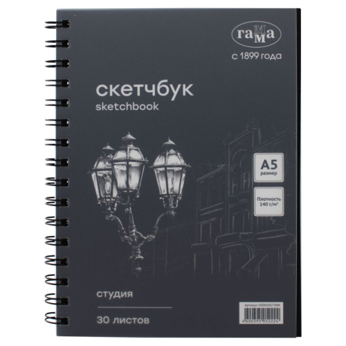 Альбом для графики на спирали Гамма "Студия" А5 30 л 140 г, черный