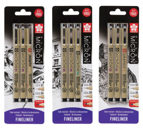 Набор капиллярных ручек Sakura "PIGMA MICRON" 3 шт., разные вариации