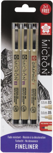 Набор капиллярных ручек Sakura "PIGMA MICRON" 3 шт (0,35мм 0,45мм + Ручка Pigma Graphic 1 мм)