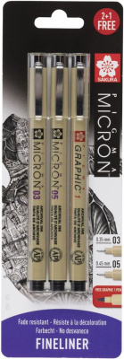 Набор капиллярных ручек Sakura "PIGMA MICRON" 3 шт (0,35мм 0,45мм + Ручка Pigma Graphic 1 мм)