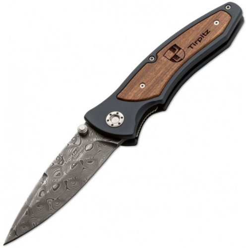 Складной нож Boker Tirpitz-Damascus, сталь дамаск, рукоять алюминий/ореховое дерево