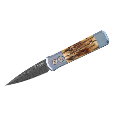 Автоматический нож Pro-Tech Godson Custom 004, сталь Chad Nichols Virus Damascus, рукоять титан/мастодонт, синий