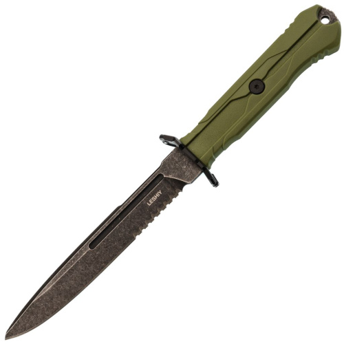 Тактический нож Mr.Blade Leshiy serrated blackwash, сталь AUS-8, рукоять OD Green Elastron