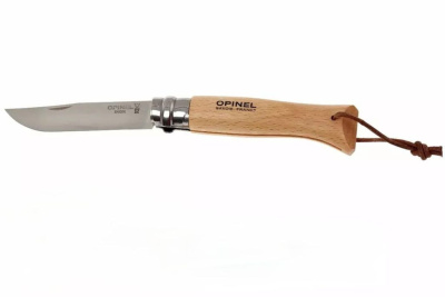 Складной Нож Opinel №8, сталь 12C27, рукоять бук, с кожаным темляком