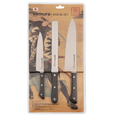 Подарочный набор из 3-х кухонных ножей Samura Harakiri (универсальный, для замороженных продуктов, шеф), сталь Aus 8, рукоять ABS-пластик
