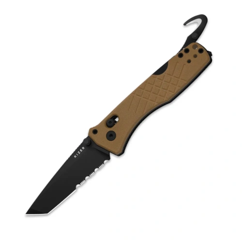 Складной нож спасателя Kizer Aegis T, сталь AEB-L, рукоять G10, песочный