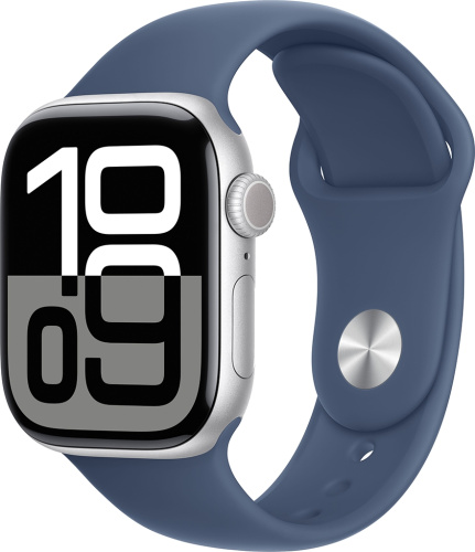 Умные часы Apple Watch Series 10 42 мм алюминиевый корпус Серебристые, с синим спортивным ремешком S/M