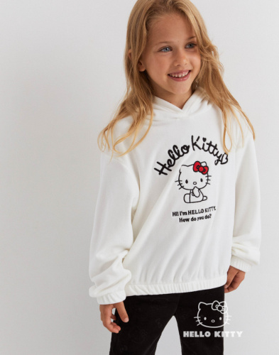 Молочное худи из велюра с ушками и вышивкой Hello Kitty для девочки Глория Джинс