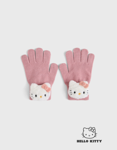 Розовые перчатки с пушистой аппликацией Hello Kitty для девочки Глория Джинс