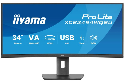 Монитор 34" Iiyama ProLite XCB3497WQSNPH-B1 3440x1440, LED, 21:9, VA, 350cd, 3000:1, 5ms (GTG), 1500R, 178гр/178гр, HDMI, DP, 2*USB-A, 120Hz, Speakers