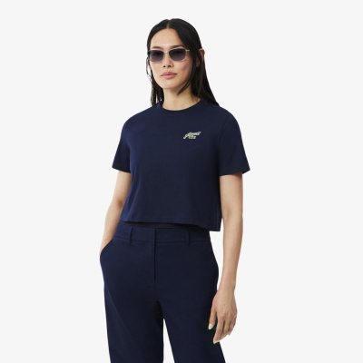 Женская хлопковая футболка свободного кроя с нашивкой Lacoste