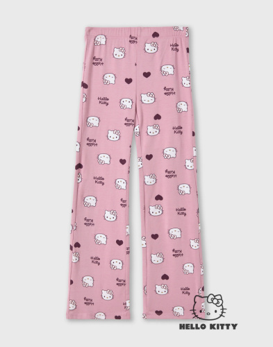 Розовые легинсы клёш в рубчик с принтом Hello Kitty для девочки Глория Джинс
