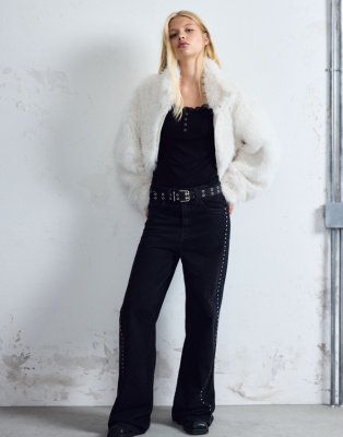 Чёрные широкие джинсы с заклёпками Глория Джинс