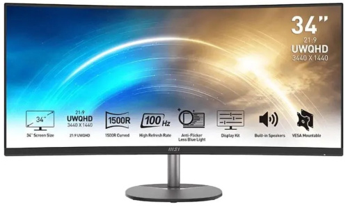Монитор 34" MSI PRO MP341CQ 9S6-3PB2CT-041 3440x1440, 21:9, VA, 300 cd/m, 3000:1, 1 ms, 178°/178°, 100Hz, 2*HDMI, DP, MM, Curved, Black