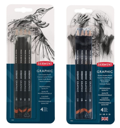 Набор карандашей чернографитных Derwent "Graphic Soft" и "Graphic Medium" 4 шт.