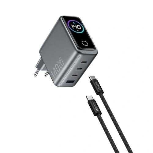 Сетевое зарядное устройство WIWU Voyager GaN 140W Type-Cx3/USB+кабель Type-C/Type-C/TFT-дисплей 1.5m (CHG200) (серый космос)