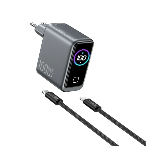 Сетевое зарядное устройство WIWU Voyager GaN 100W Type-Cx2/USB+кабель Type-C/Type-C/TFT-дисплей 1.5m (CHG300) (серый космос)