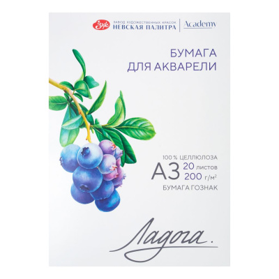 Папка для акварели "Ладога" А3 20 л 200 г, 100% целлюлоза, среднее зерно