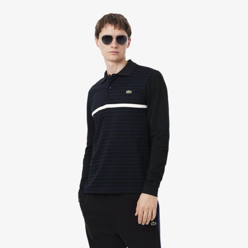Мужское поло Lacoste классического кроя в полоску из ткани пике с длинным рукавом