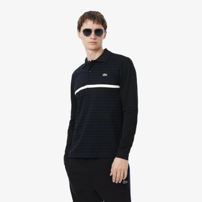 Мужское поло Lacoste классического кроя в полоску из ткани пике с длинным рукавом