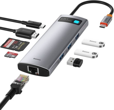 Адаптер Baseus 8 в 1 Starjoy Type-C HUB на HDMI/USB 3.0*3/PD/SD/TF/RJ45 (BS-OH102) (Space Gray)