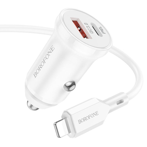 Автомобильное зарядное устройство Borofone BZ18A USB/Type-C/кабель Type-C- Lightning 20W (белый)