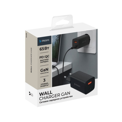 Сетевое зарядное устройство Deppa (11435) Wall charger gan 65W 3.0А USB/Type-C (черный)