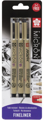 Набор капиллярных ручек Sakura "PIGMA MICRON" 3 шт (0,25мм 0,45мм + Ручка Pigma Brush)