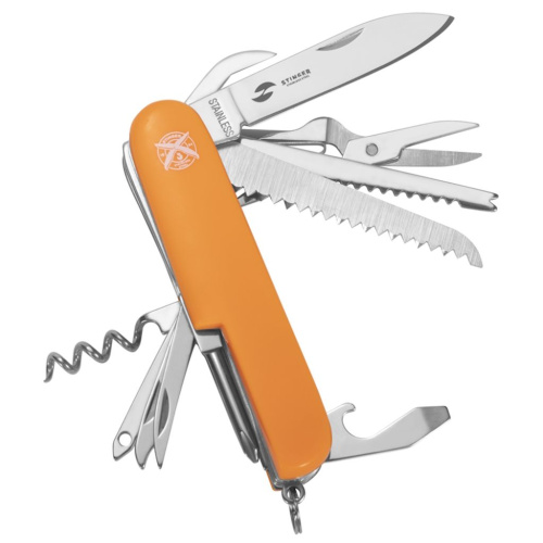 Нож перочинный Stinger 89 мм, 15 функций, оранжевый, в блистере