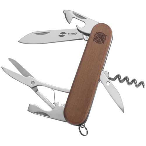 Нож перочинный Stinger 90 мм, 11 функций, коричневый, в блистере