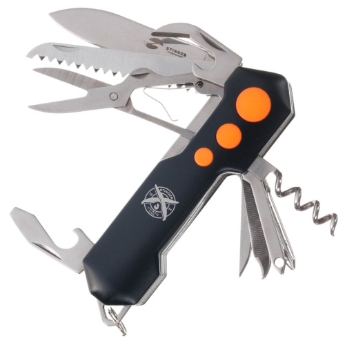 Нож перочинный Stinger 96 мм, 15 функций, черный/оранжевый, в блистере