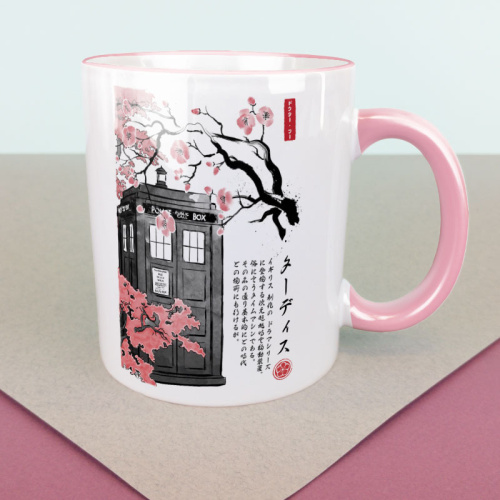 Кружка "Тардис в сакуре" 330 мл , розовая с ободком