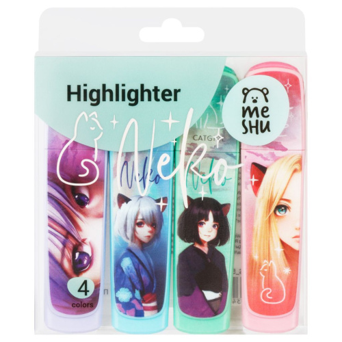 Набор текстовыделителей MESHU "Neko", 4 цв., пастельные цвета, 1-5 мм, ПВХ бокс с европодвесом