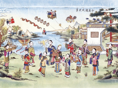 Открытка Новогодняя картинка. Десять красавиц запускают воздушных змеев.